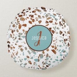 Almofada Redonda Padrão Abstrato Terrazzo Brown & Blue personalizad