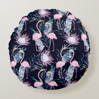 Almofada Redonda padrão abstrato tropical com flamingo, protea, l