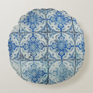 Almofada Redonda Padrão Antiquado de Azulejos Portugueses - Azulej