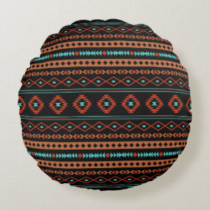 Almofada Redonda Padrão Aztec Rusts Teal Black Mixed Motifs