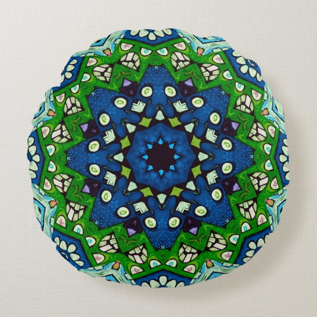 Almofada Redonda Padrão Azul Verde-Mosaico Mandala Retro (Frente)