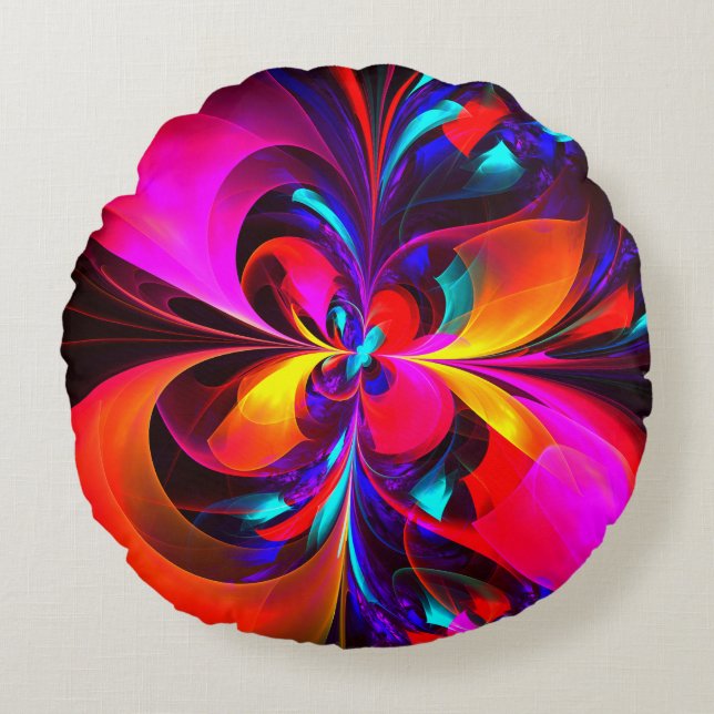 Almofada Redonda Padrão Azul Vermelho Abstrato Floral Moderno #07 (Frente)