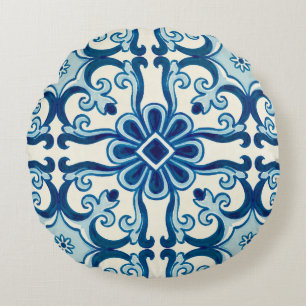 Almofada Redonda Padrão Azulejos Azul de Azulejo Floral