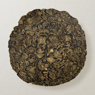 Almofada Redonda Padrão Barroco Floral Dourado em Preto