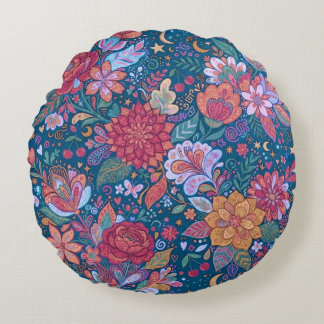 Almofada Redonda Padrão Botânico Floral Escuro com G Vintage Mal-hu