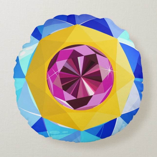 Almofada Redonda Padrão Brilhante, Padrão Roxo Amarelo Azul (Frente)