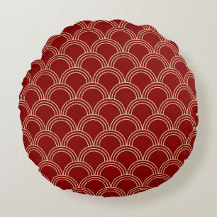 Almofada Redonda Padrão Chinês Tradicional Vermelho e Dourado