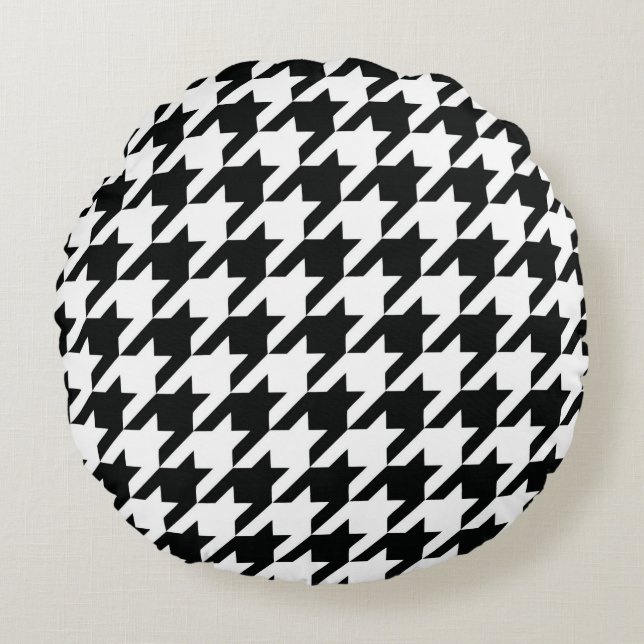 Almofada Redonda Padrão Clássico de Houndstooth: Preto e Branco Vin (Frente)