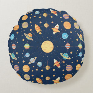 Almofada Redonda Padrão Colorido com Tema Espacial com Planetas