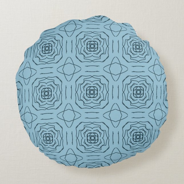 Almofada Redonda Padrão contínuo de arte de linha geométrica azul e (Verso)