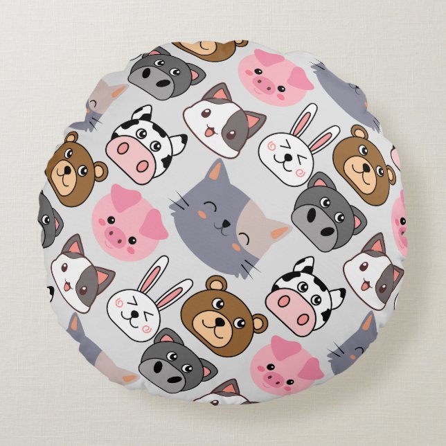 Almofada Redonda padrão das cabeças de desenho animado.w offwhite B (Frente)