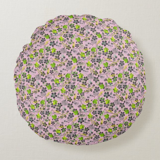 Almofada Redonda Padrão das plantas A03.b Rosa BG (Frente)