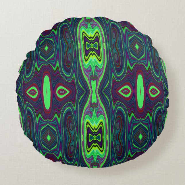 Almofada Redonda Padrão de Abstrato de Retro, Vermelho e Azul (Frente)