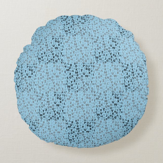 Almofada Redonda Padrão de alfabetos 01 BW.w Lblue BG (Frente)