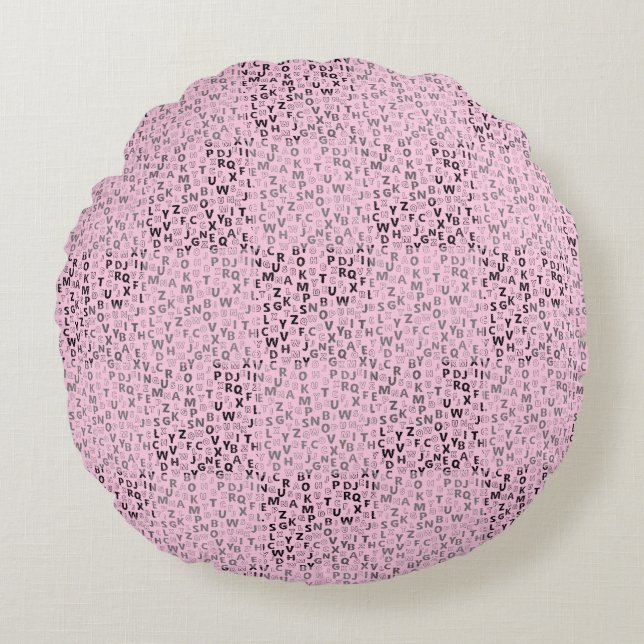 Almofada Redonda Padrão de alfabetos 01 BW.w LPink BG (Frente)