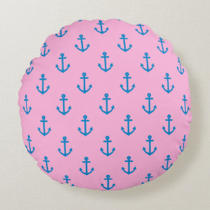 Almofada Redonda Padrão de Âncora Náutica Rosa e Azul