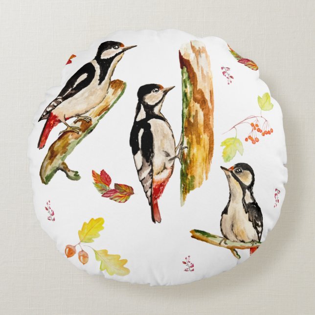 Almofada Redonda Padrão de aquarela com pica-pau (Frente)