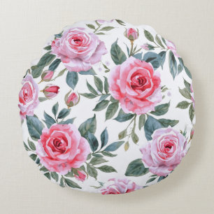 Almofada Redonda Padrão de aquarela Cottagecore floral Rosa Roxa