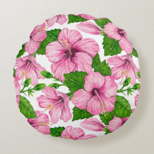 Almofada Redonda Padrão de aquarela de hibisco rosa