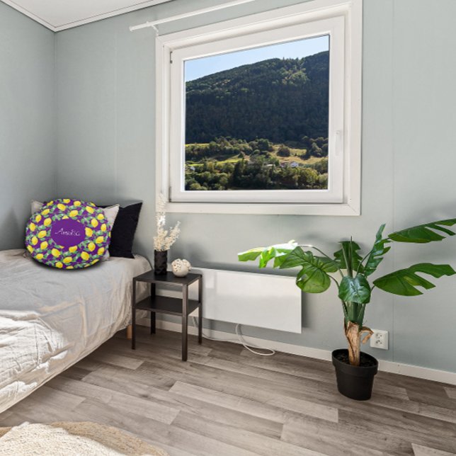 Almofada Redonda Padrão de aquarela de limão roxo simples (Criador carregado)