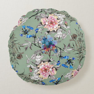 Almofada Redonda Padrão de Aquarela Floral de Fundo Verde.