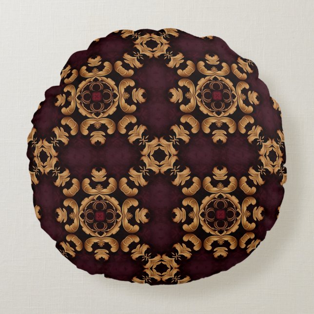 Almofada Redonda Padrão de arabesco dourado vermelho profundo elega (Frente)