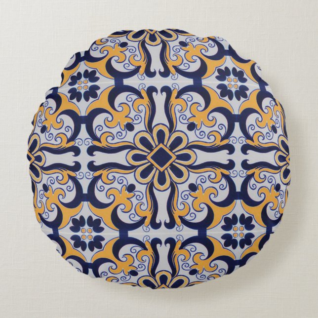Almofada Redonda Padrão de azulejo português (Frente)