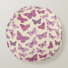 Almofada Redonda Padrão de Borboleta Rosa Fofo em Bege