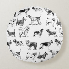 Almofada Redonda Padrão de Cães de Vintagem Pretos e Brancos