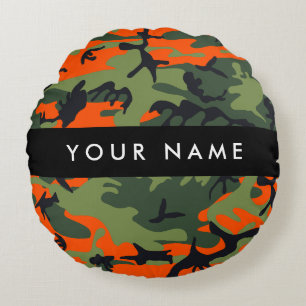 Almofada Redonda Padrão de Camuflagem Laranja, Seu nome, Personaliz