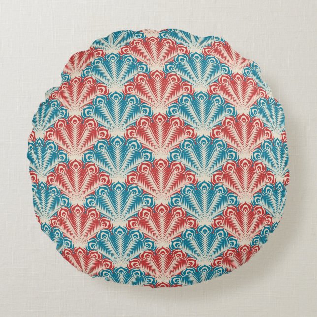 Almofada Redonda Padrão de Cauda Pavão Vermelho e Azul (Frente)