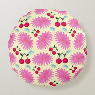 Almofada Redonda Padrão de Cereja Floral Rosa Brilhante Fofo Kawa