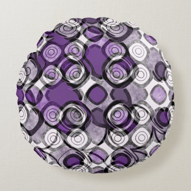 Almofada Redonda Padrão de Círculo Abstrato Roxo, Cinza e Preto (Frente)