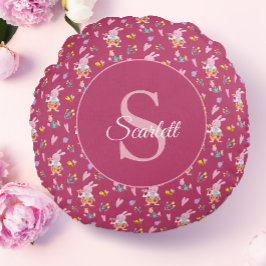 Almofada Redonda Padrão de coelho magenta bonito do jardim Monogram