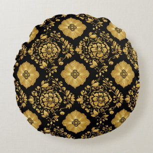 Almofada Redonda Padrão de Damasco Floral Ouro Luxuoso em Preto