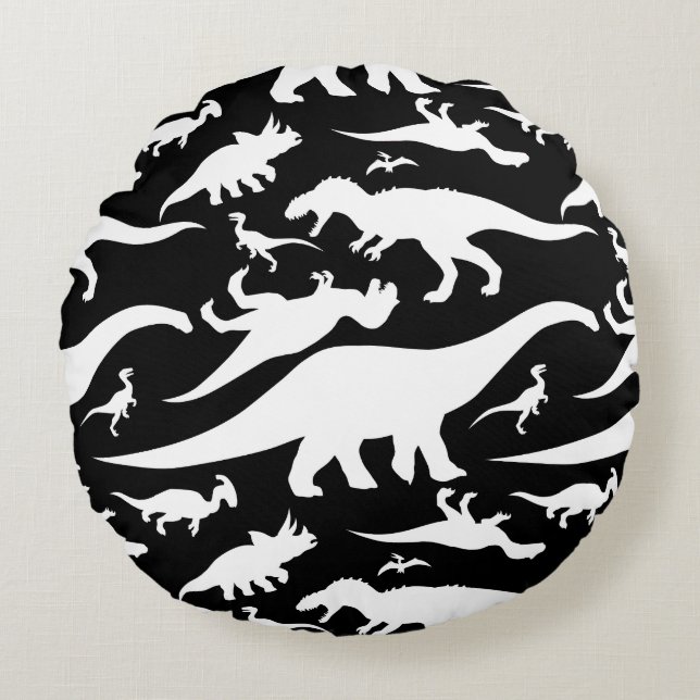 Almofada Redonda Padrão de Dinossauro Preto e Branco (Frente)