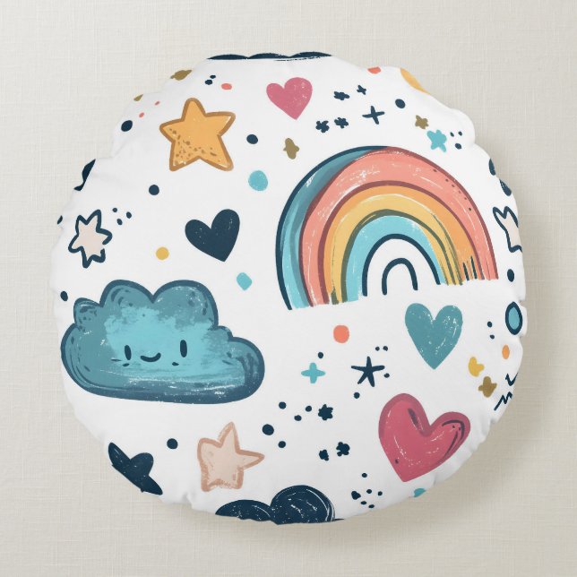 Almofada Redonda Padrão de Doodle do Arco-Íris Cuto com Nuvens e Es (Frente)