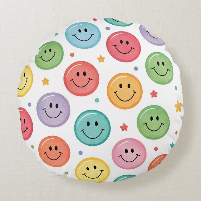 Almofada Redonda Padrão de Emoji Sorridente (Frente)