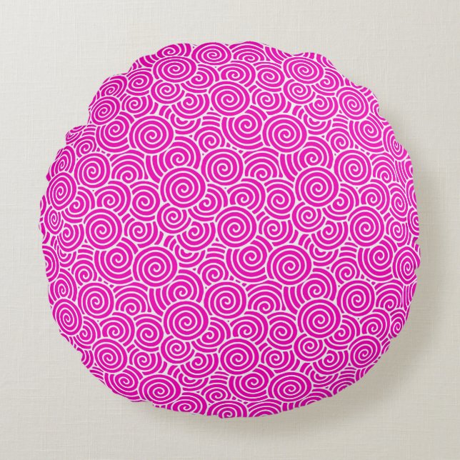 Almofada Redonda Padrão de espiral japonês - fuchsia rosa e branco (Frente)