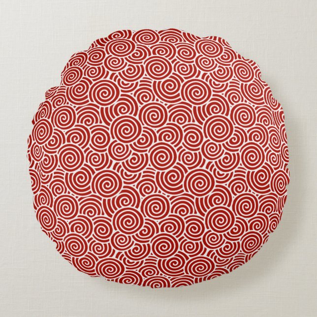 Almofada Redonda Padrão de espiral japonês - vermelho e branco prof (Frente)