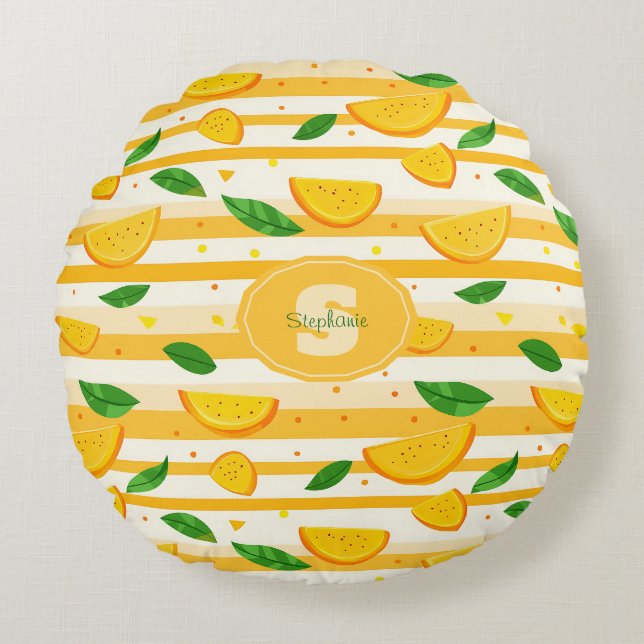 Almofada Redonda Padrão de Fatia Laranja com Folhas Verdes (Frente)