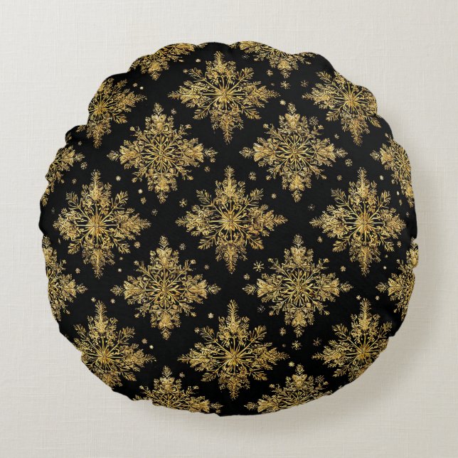 Almofada Redonda Padrão de Floco de Neve Dourado Ornamentado (Frente)