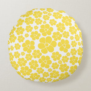 Almofada Redonda Padrão de Flor - Amarelo-Limão e Branco
