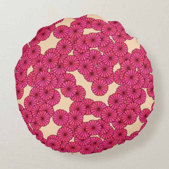 Almofada Redonda Padrão de flor Art Deco - rosa profundo e pêssego (Verso)