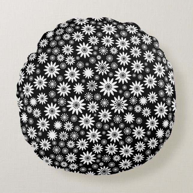 Almofada Redonda Padrão de Flor - Branco e Preto (Frente)