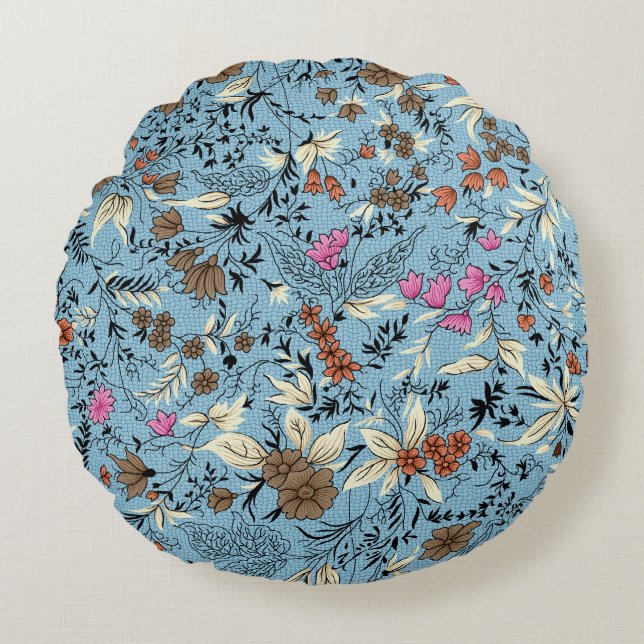Almofada Redonda Padrão de flor de vindima, fundo azul. (Frente)
