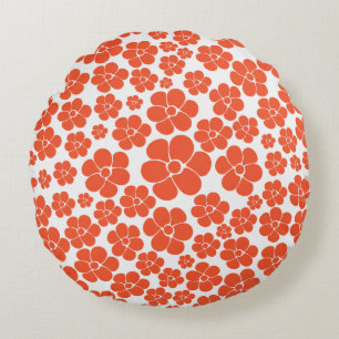 Almofada Redonda Padrão de Flor - Laranja e Branco
