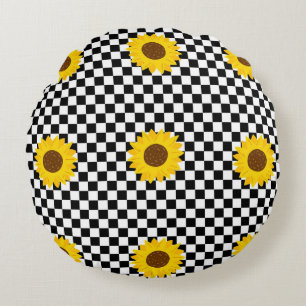 Almofada Redonda Padrão de Flor Marcado de Girassol Preto e Branco