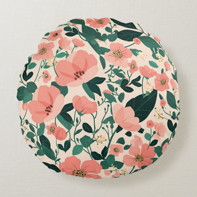 Almofada Redonda Padrão de Flor Peachy-Keen (Frente)