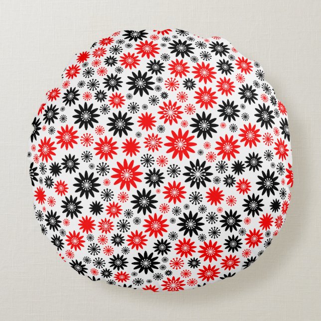 Almofada Redonda Padrão de Flor - Preto com Vermelho e Branco (Frente)